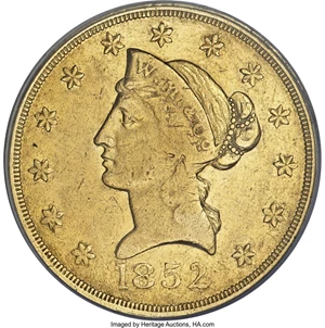 image for: 1852 $10 Wass Molitor Ten Dollar, Small Head AU55 PCGS....
