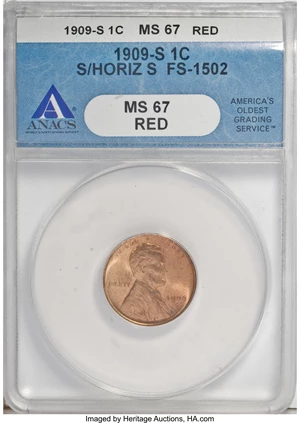 image for: 1909-S 1C S Over Horizontal S MS67 Red ANACS....