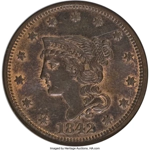 image for: 1842 1C Large Date MS65 Red and Brown NGC. NGC Census: (4/2). PCGS Population (2/2). Mintage: 2,383,390. Numismedia Wsl. Pr...