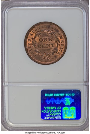 image for: 1842 1C Large Date MS65 Red and Brown NGC. NGC Census: (4/2). PCGS Population (2/2). Mintage: 2,383,390. Numismedia Wsl. Pr...