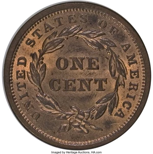image for: 1842 1C Large Date MS65 Red and Brown NGC. NGC Census: (4/2). PCGS Population (2/2). Mintage: 2,383,390. Numismedia Wsl. Pr...