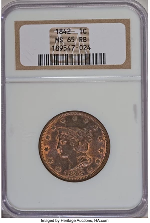 image for: 1842 1C Large Date MS65 Red and Brown NGC. NGC Census: (4/2). PCGS Population (2/2). Mintage: 2,383,390. Numismedia Wsl. Pr...