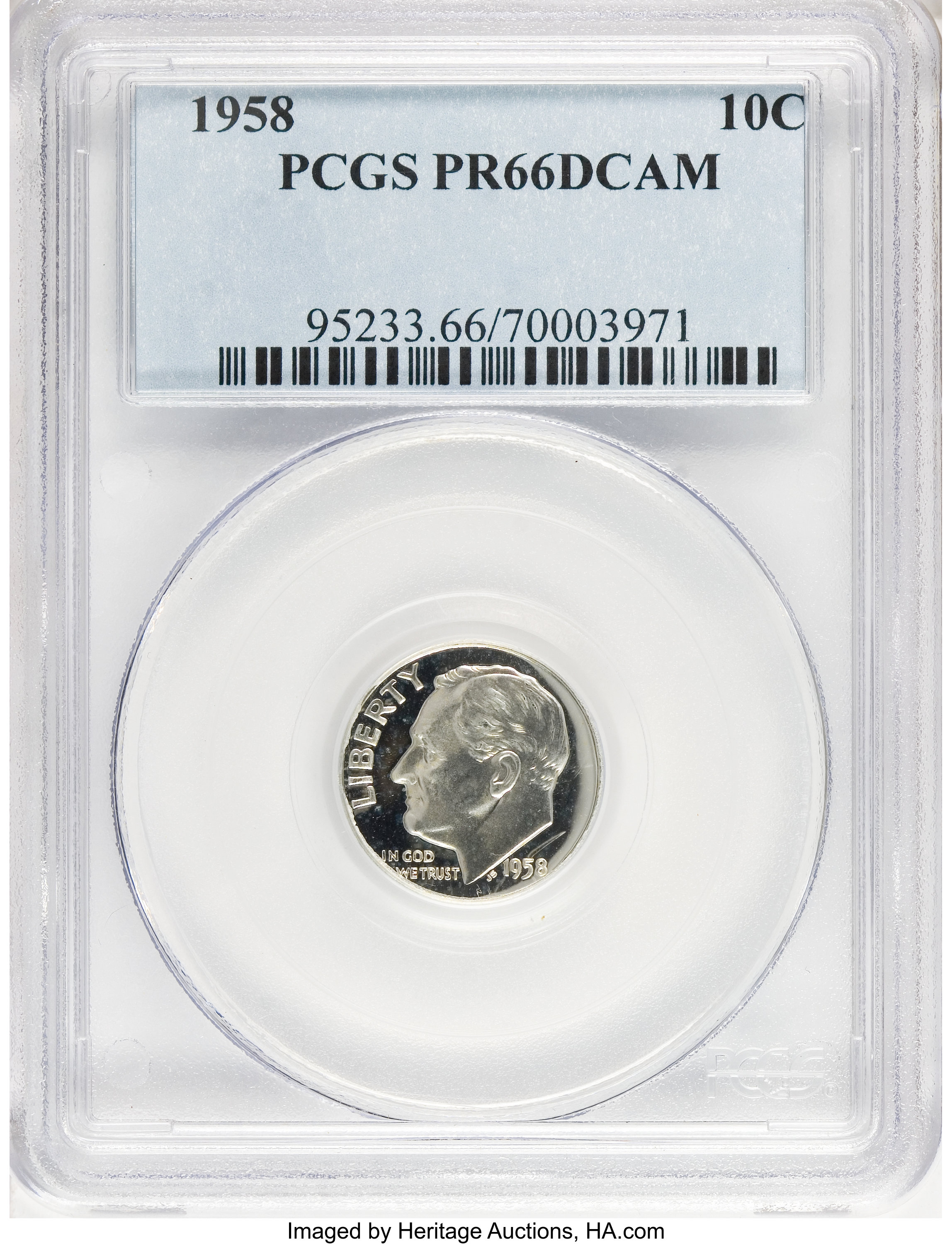 image for: 1958 10C PR66 Deep Cameo PCGS. PCGS Population (1/36). NGC Census: (4/28).  Numismedia Wsl. Price for NGC/PCGS coin in PR66...