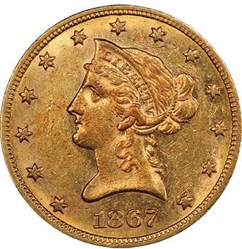 image for: $10 1867 PCGS AU58 CAC