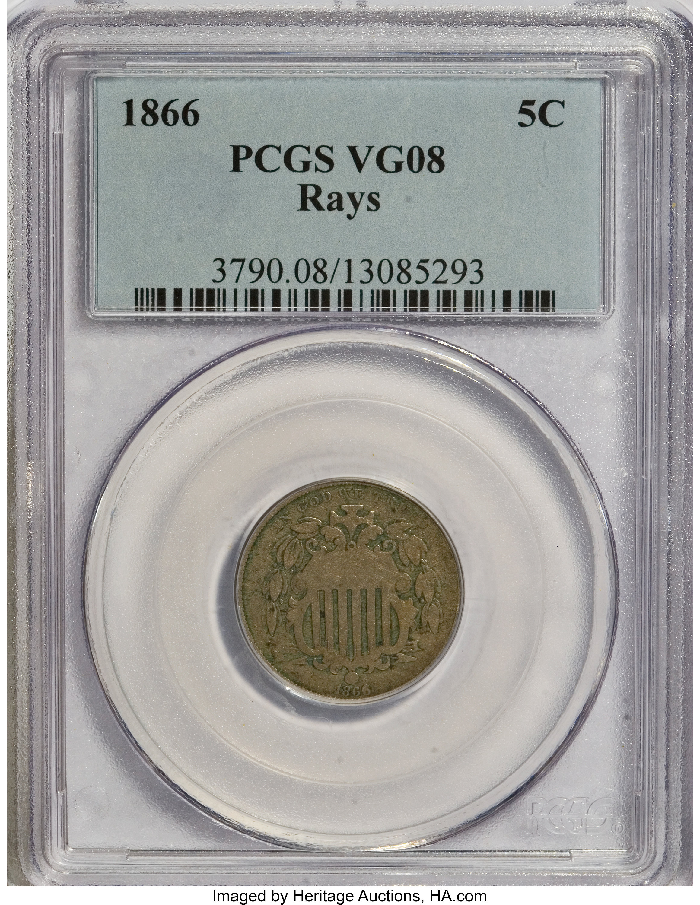 1866 5C Rays VG8 PCGS. PCGS Population (5/1320). NGC Census: (2/1286). Mintage: 14,742,500. Numismedia Wsl. Price for NGC/P...