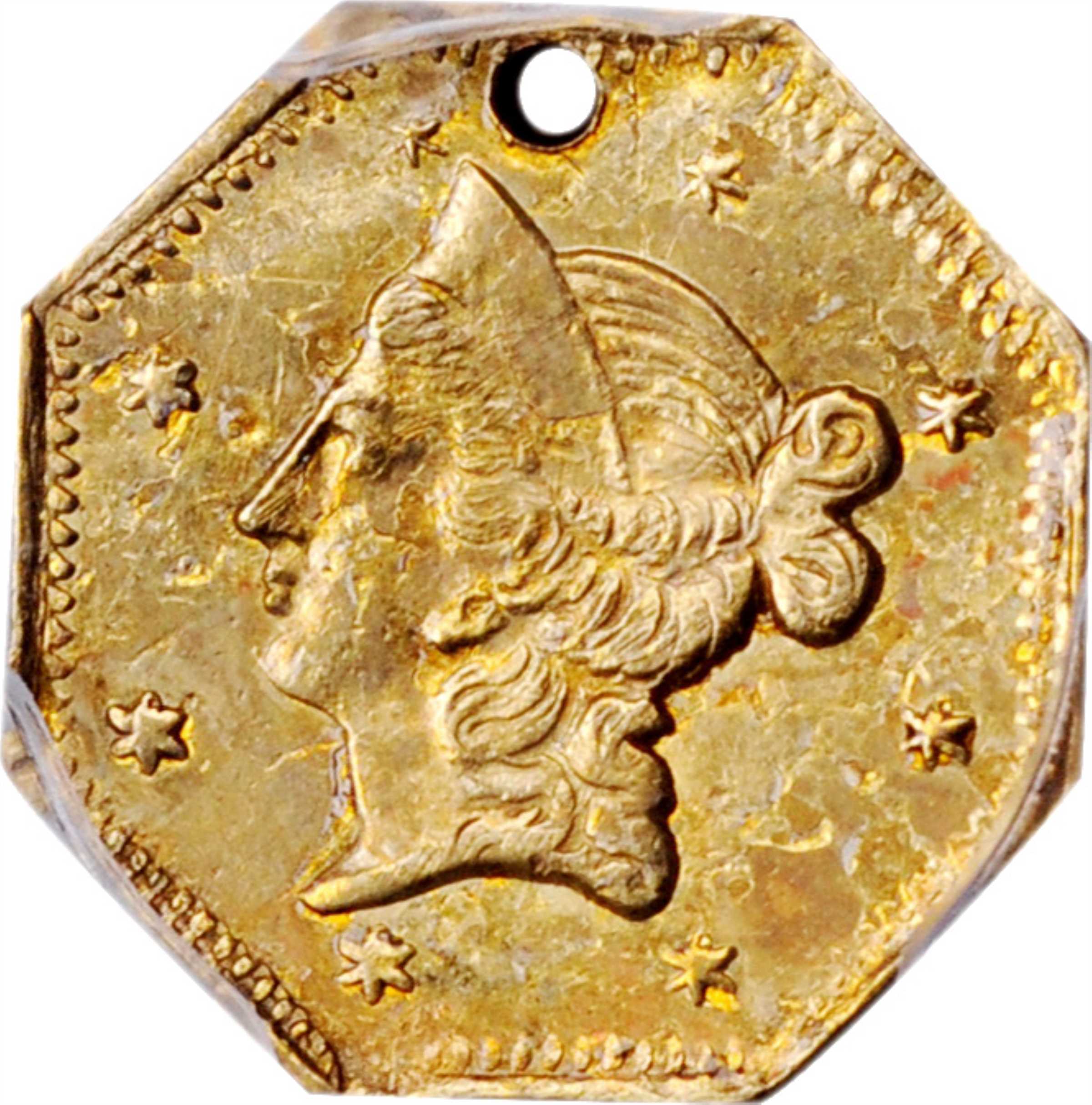 image for: 1853-DERIB Octagonal $1. BG-526. Rarity-6+. Liberty Head. AU Details--Holed (PCGS).