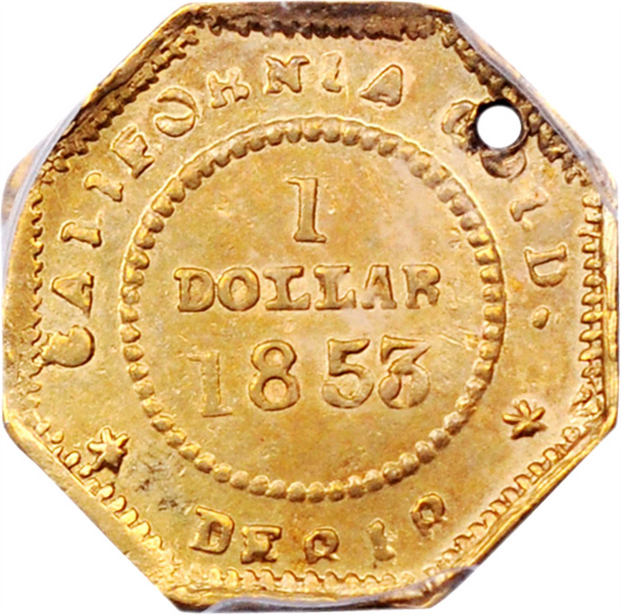 image for: 1853-DERIB Octagonal $1. BG-526. Rarity-6+. Liberty Head. AU Details--Holed (PCGS).