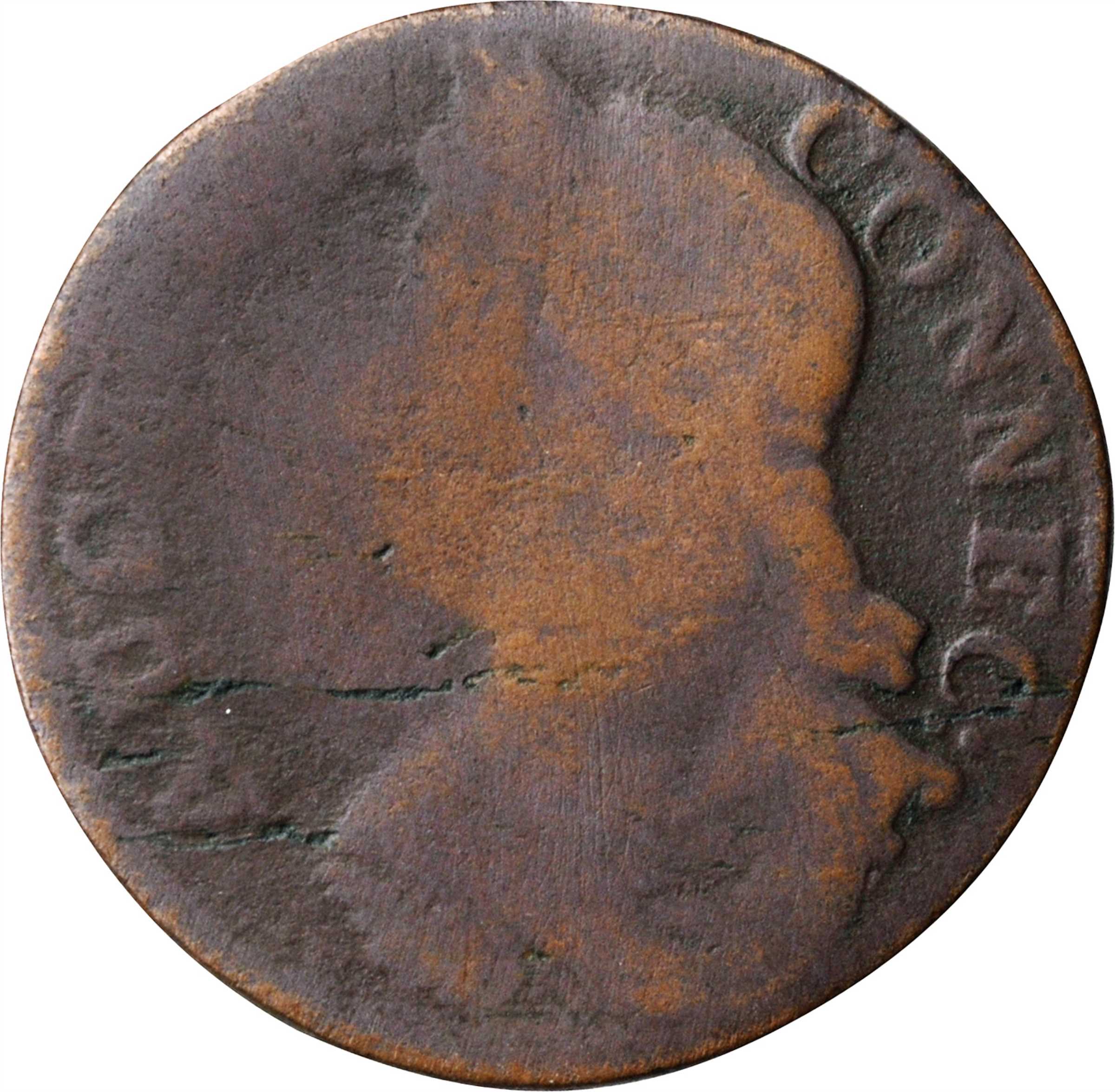 1787 Connecticut Copper. Miller 16.2-NN.2, W-3010. Rarity-7. Draped Bust Left. AG-3.