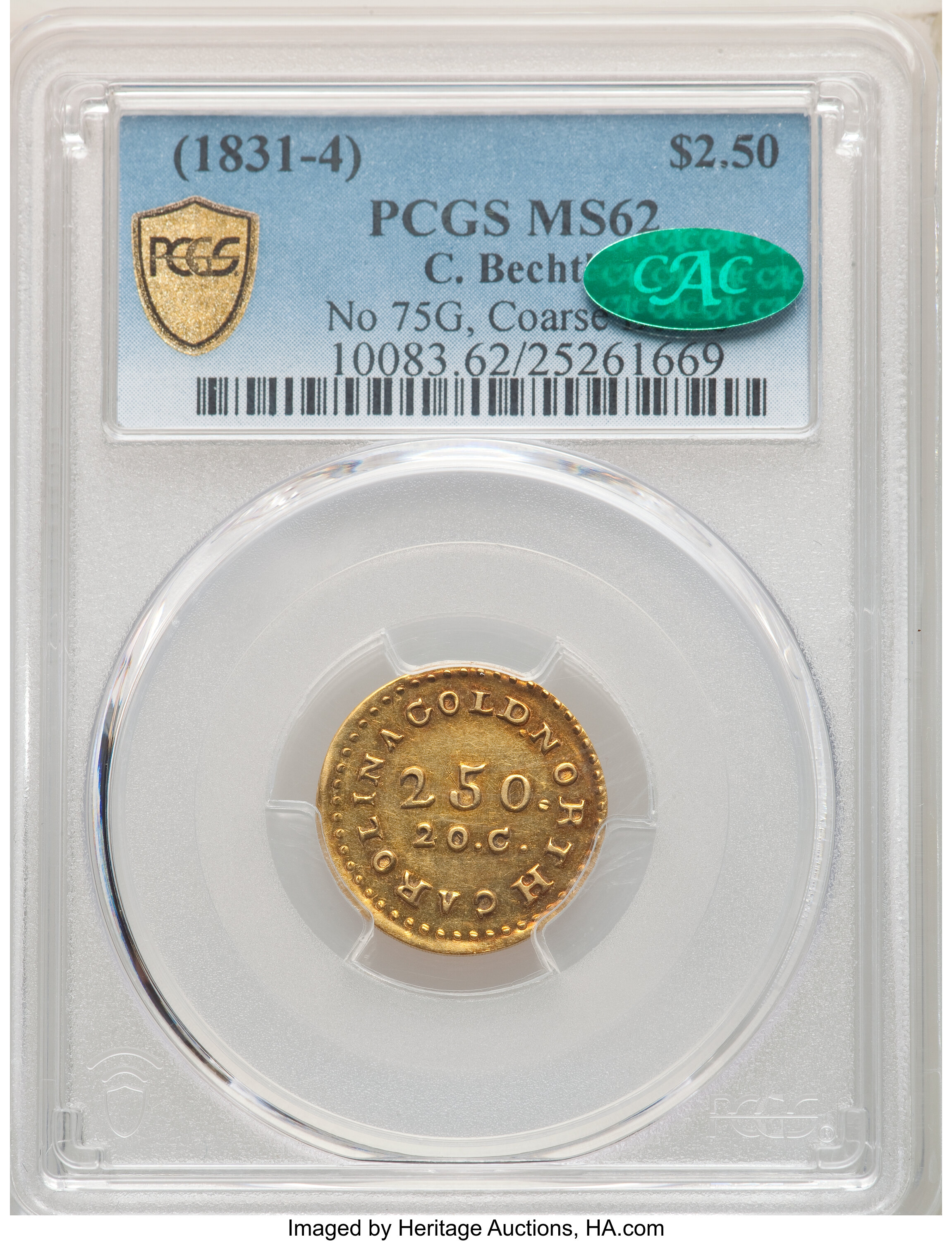 image for: (1831-34) $2.50 C. Bechtler Quarter Eagle, No 75G, Coarse Beads MS62 PCGS. CAC. K-6, R.7....