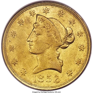 image for: 1852 $10 Wass Molitor Ten Dollar, Small Head AU55 PCGS. K-3, R.6....