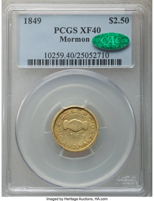 image for: 1849 $2 1/2 Mormon Quarter Eagle XF40 PCGS. CAC. K-1, High R.5....