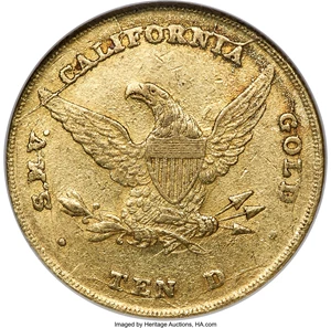 image for: 1852 $10 Wass Molitor Ten Dollar, Large Head, Wide Date, MS63 NGC. K-4, R.5. ...