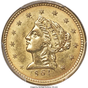 image for: 1861 $2 1/2 Clark, Gruber & Co. Quarter Eagle MS63 PCGS. K-5, R.4....