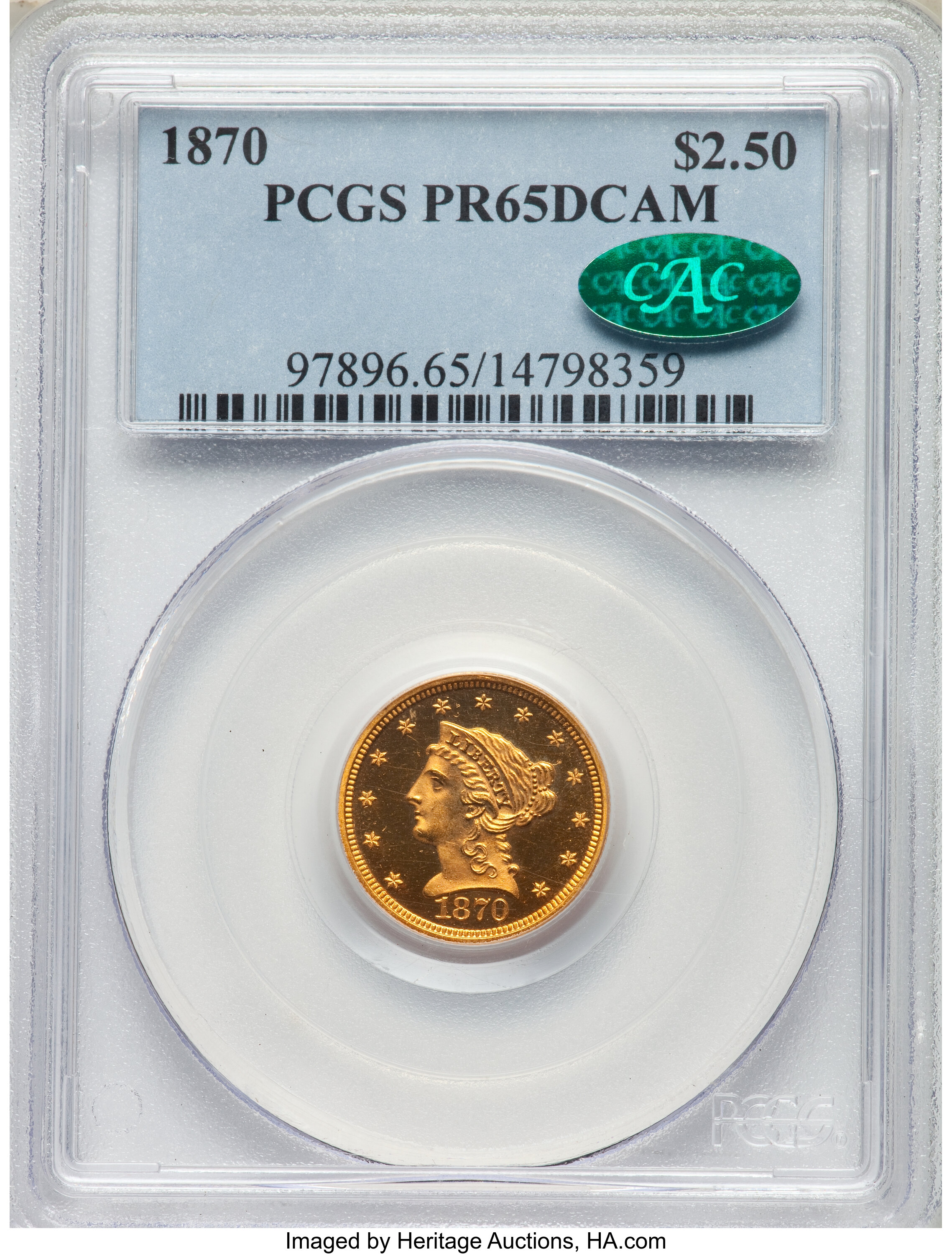 image for: 1870 $2 1/2 PR65 Deep Cameo PCGS. CAC. JD-1, Low R.7....