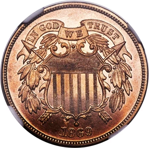image for: 1869 2C PR64 Red Cameo NGC. NGC Census: (1/1). PCGS Population: (1/0). CDN: $2,000 Whsle. Bid for NGC/PCGS PR64. Mintage 60...