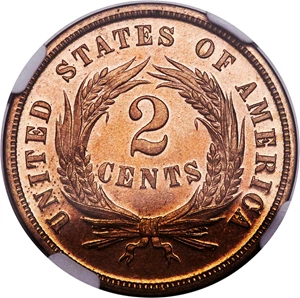 image for: 1869 2C PR64 Red Cameo NGC. NGC Census: (1/1). PCGS Population: (1/0). CDN: $2,000 Whsle. Bid for NGC/PCGS PR64. Mintage 60...