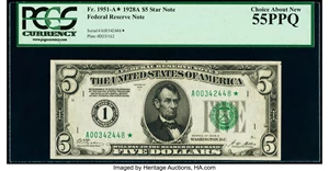 image for: Fr. 1951-A* $5 1928A Federal Reserve Star Note. PCGS Choice About New 55PPQ....