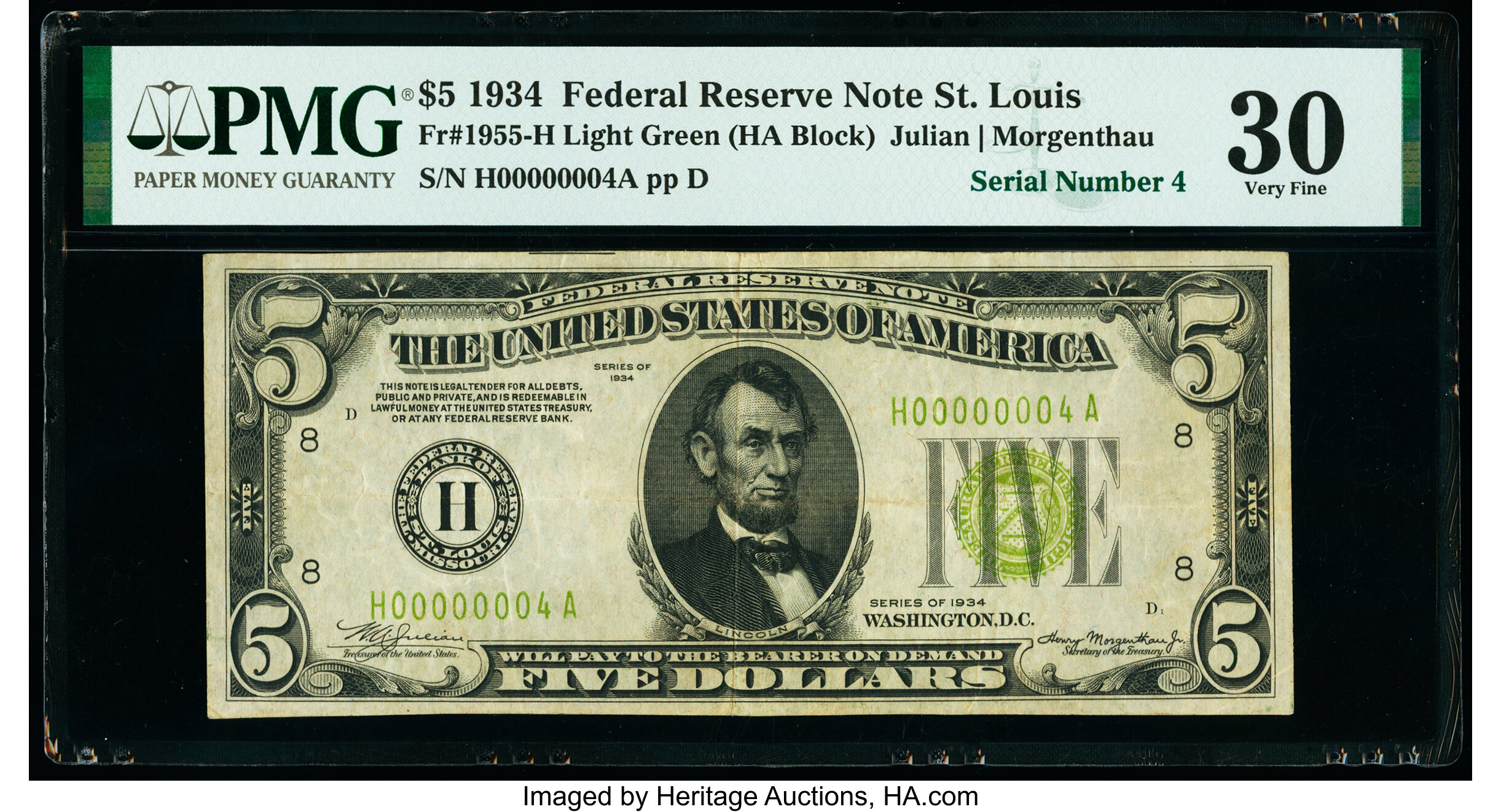 image for: Low Serial Number 4 Fr. 1955-H $5 1934 Light Green Seal Federal Reserve Note. PMG Very Fine 30....