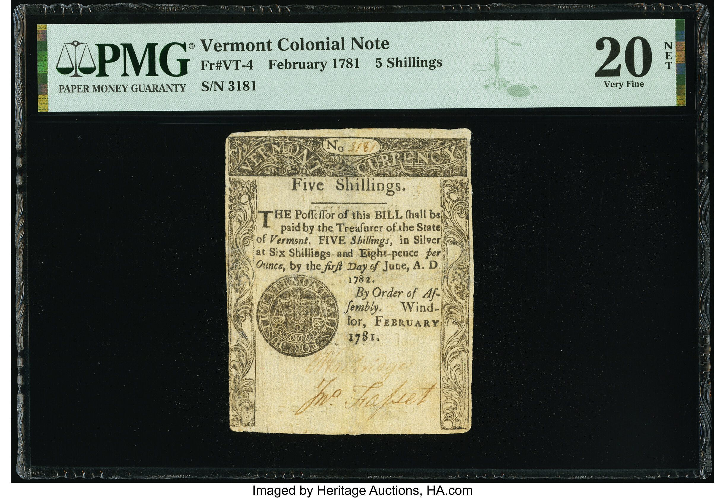 image for: Vermont February 1781 5s PMG Very Fine 20 Net....