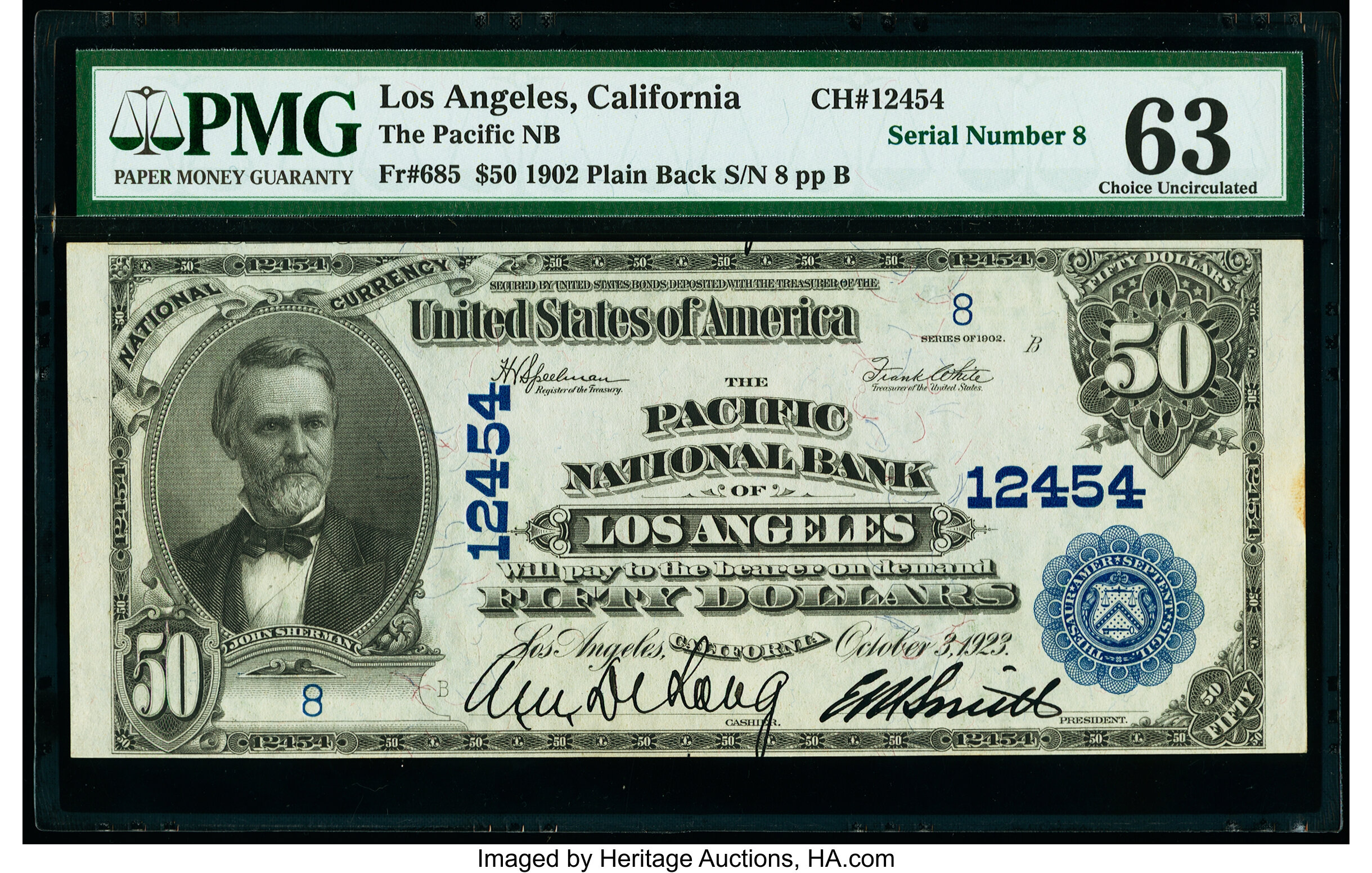 image for: Low Serial Number 8 Los Angeles, CA - $50 1902 Plain Back Fr. 685 The Pacific National Bank Ch. # 12454 PMG Choice Unc...