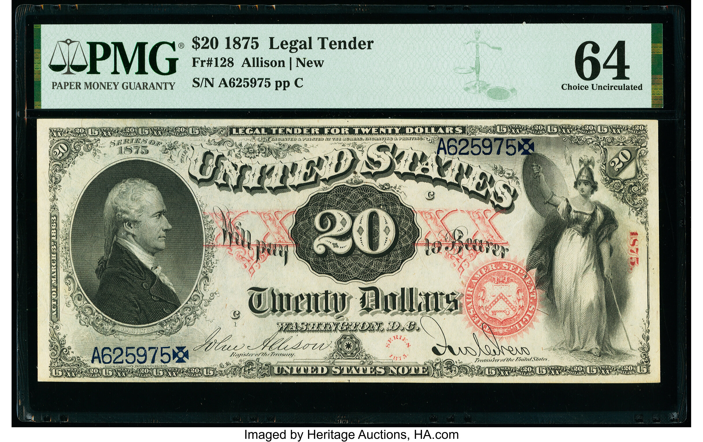 image for: Fr. 128 $20 1875 Legal Tender PMG Choice Uncirculated 64....