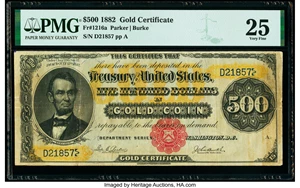 image for: Fr. 1216a $500 1882 Gold Certificate PMG Very Fine 25....