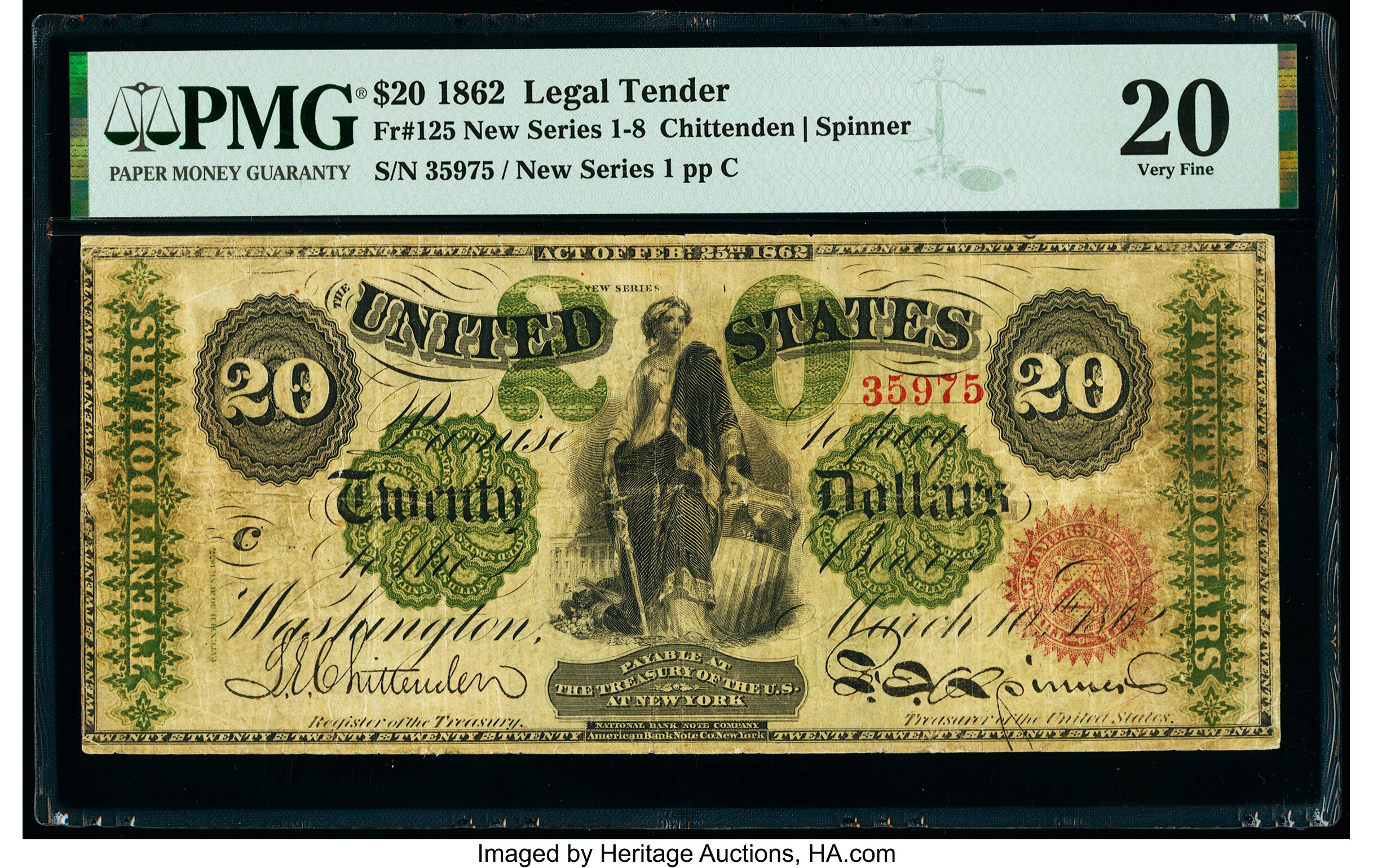 image for: Fr. 125 $20 1862 Legal Tender PMG Very Fine 20....