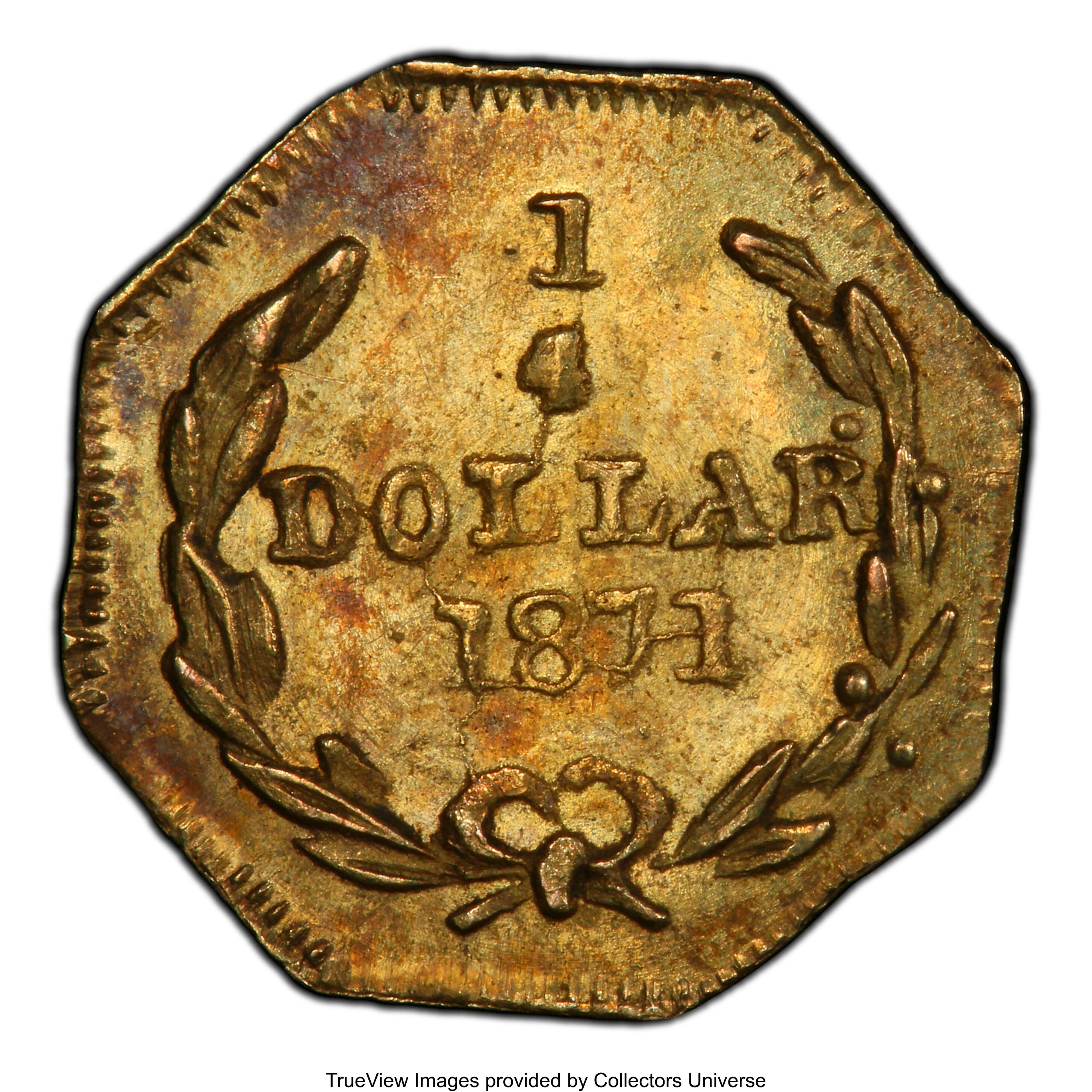 image for: 1871 25C Liberty Octagonal 25 Cents, BG-715, Low R.6, MS64 PCGS. PCGS Population: (4/13 and 0/0+). NGC Census: (0/3 and 0/0...