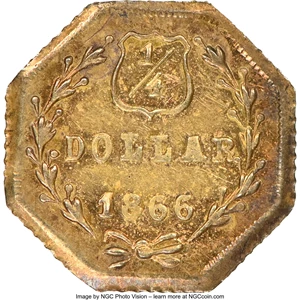 image for: 1866 25C Liberty Head Octagonal 25 Cents, BG-740, R.6, MS61 NGC. NGC Census: (1/4). PCGS Population: (1/17). ...
