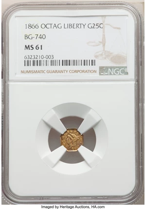 image for: 1866 25C Liberty Head Octagonal 25 Cents, BG-740, R.6, MS61 NGC. NGC Census: (1/4). PCGS Population: (1/17). ...