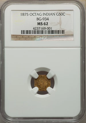 image for: 1875 50C Indian Octagonal 50 Cents, BG-934, R.4, MS62 NGC. NGC Census: (6/8). PCGS Population: (20/29). MS62. ...