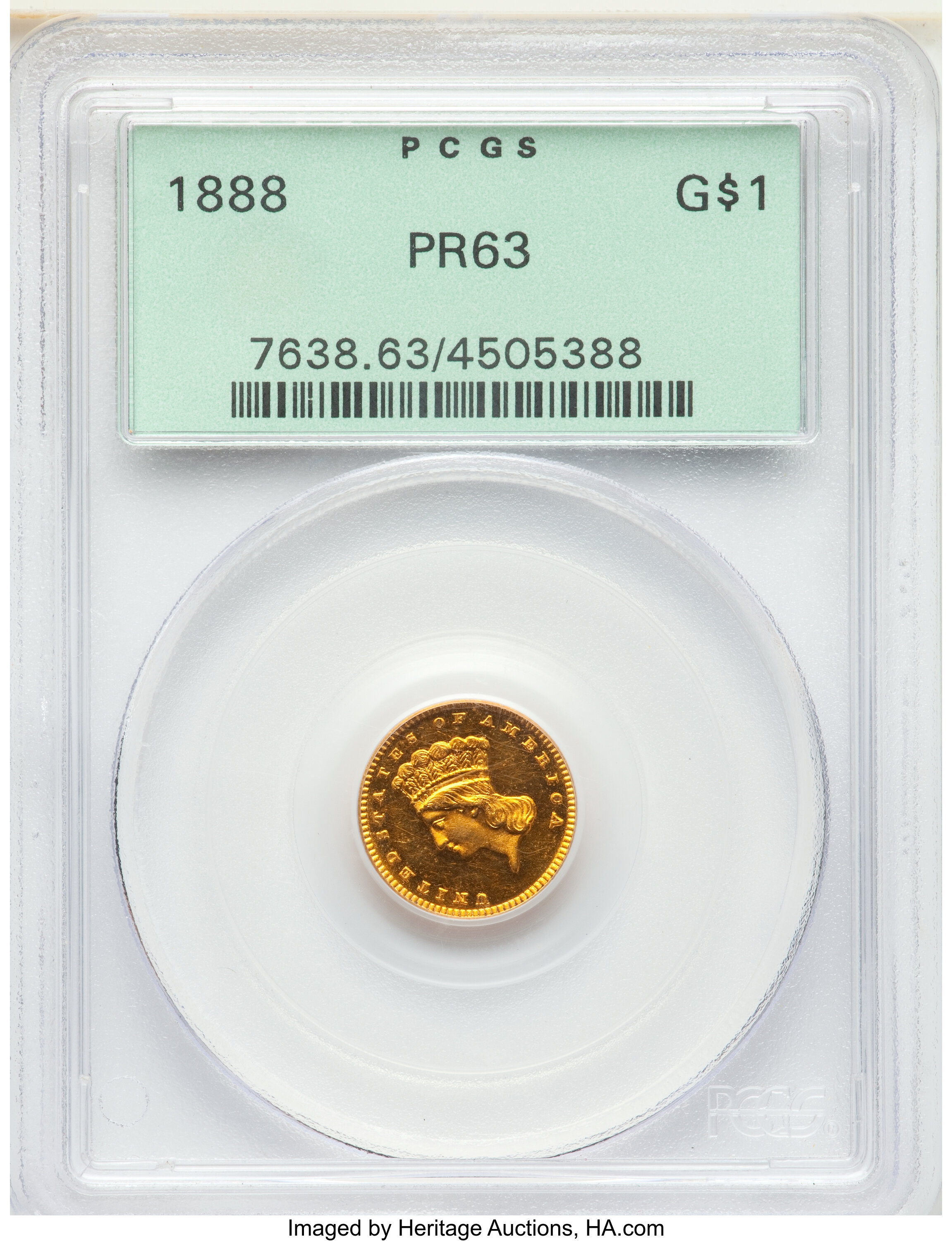 image for: 1888 G$1 PR63 PCGS. PCGS Population: (17/62). NGC Census: (4/9). CDN: $3,300 Whsle. Bid for NGC/PCGS PR63. Mintage 1,079. ...