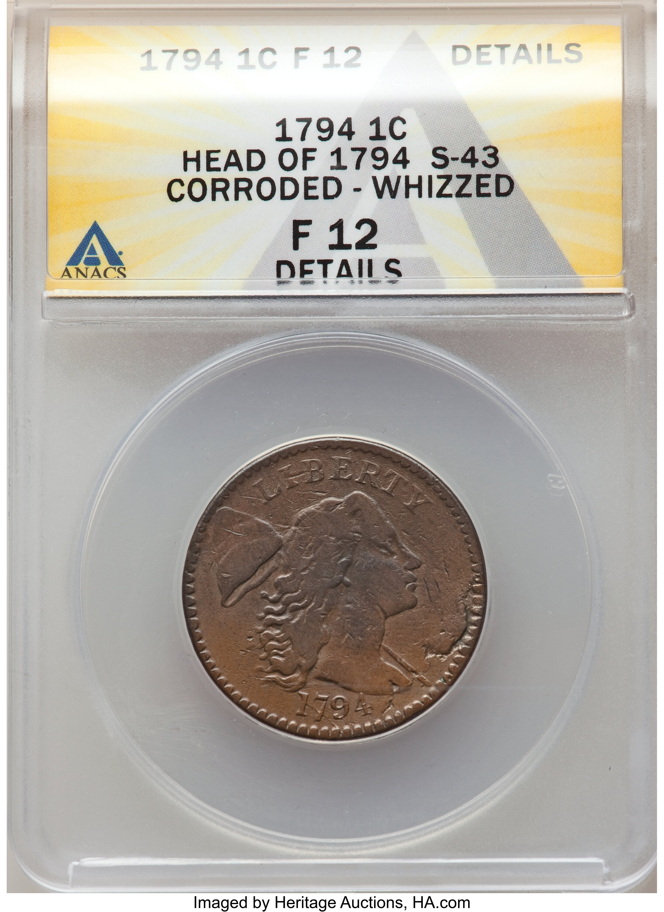 image for: 1794 1C Head of 1794, S-50, S-43, R.5, -- Corroded, Whizzed -- ANACS. Fine 12 Details....