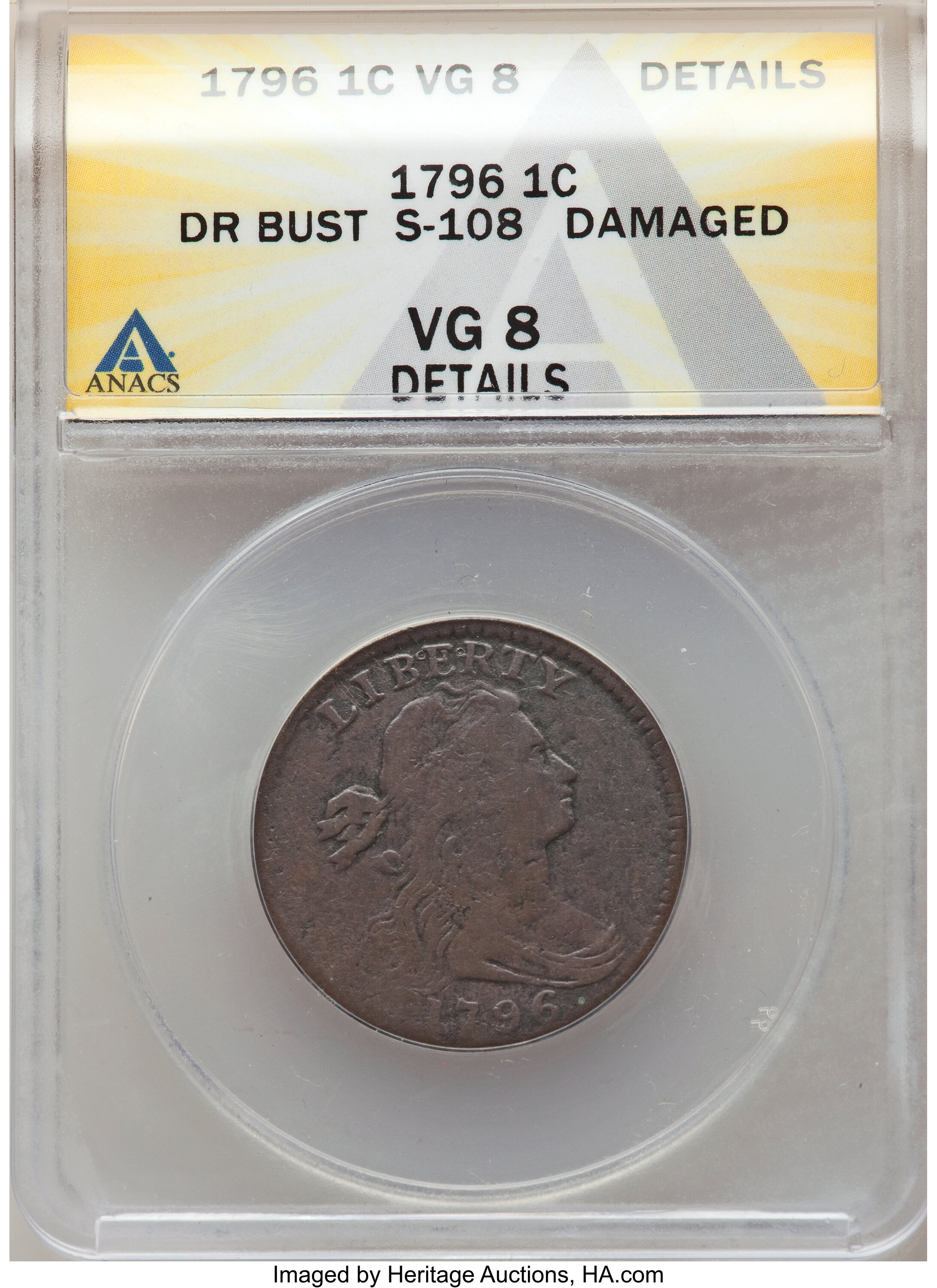 image for: 1796 1C Reverse of 1794, DR Bust, S-108, B-12, R.4, -- Damaged -- ANACS. VG8 Details....