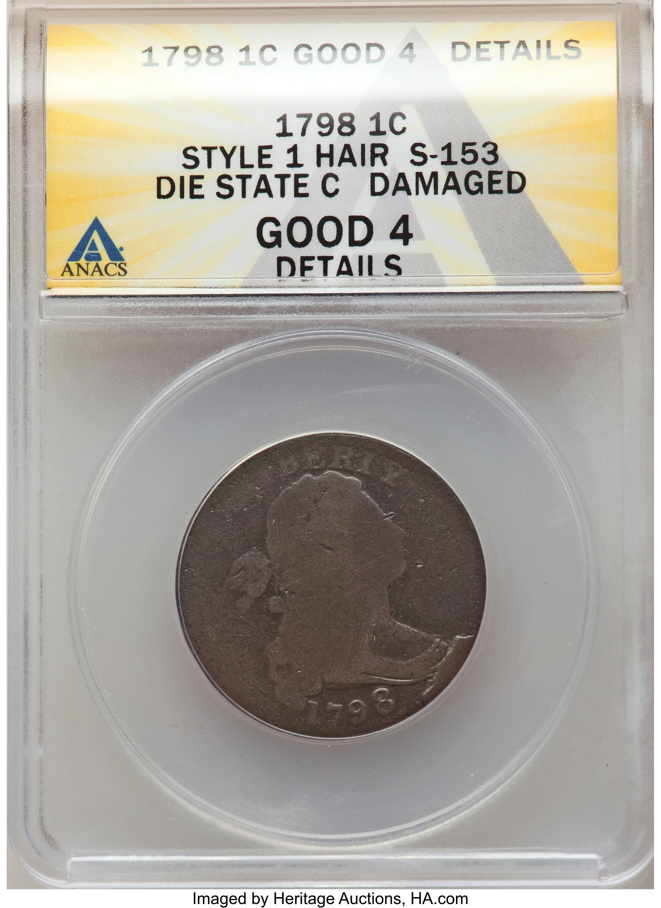 image for: 1798 1C First Hair Style, S-153, B-12, R.3, -- Damaged -- Good 4 ANACS. Good 4 Details.  Die State C....
