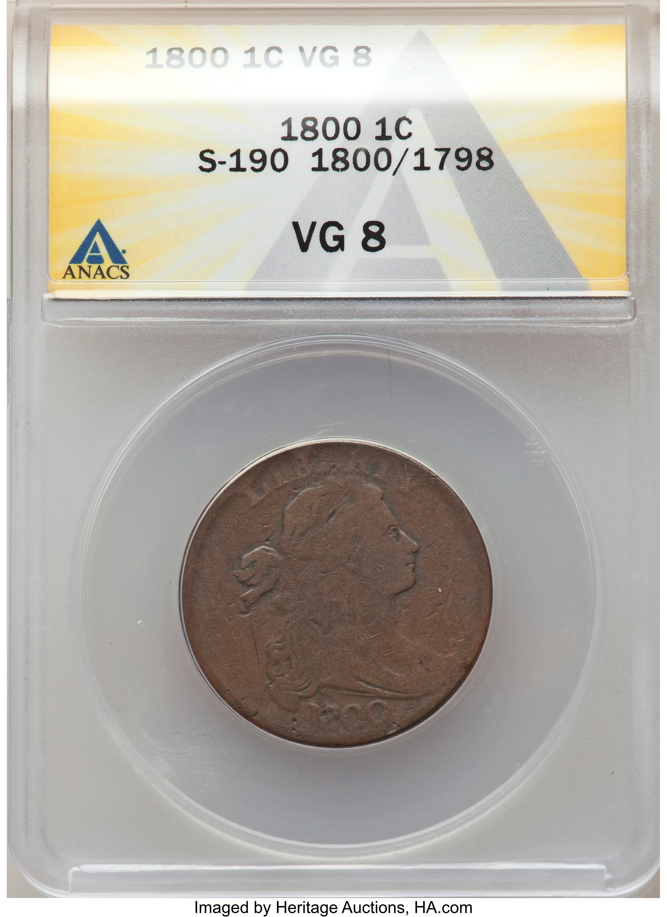 image for: 1800/1798 1C Style One Hair, S-190, B-5, R.3, VG8 ANACS.  ...