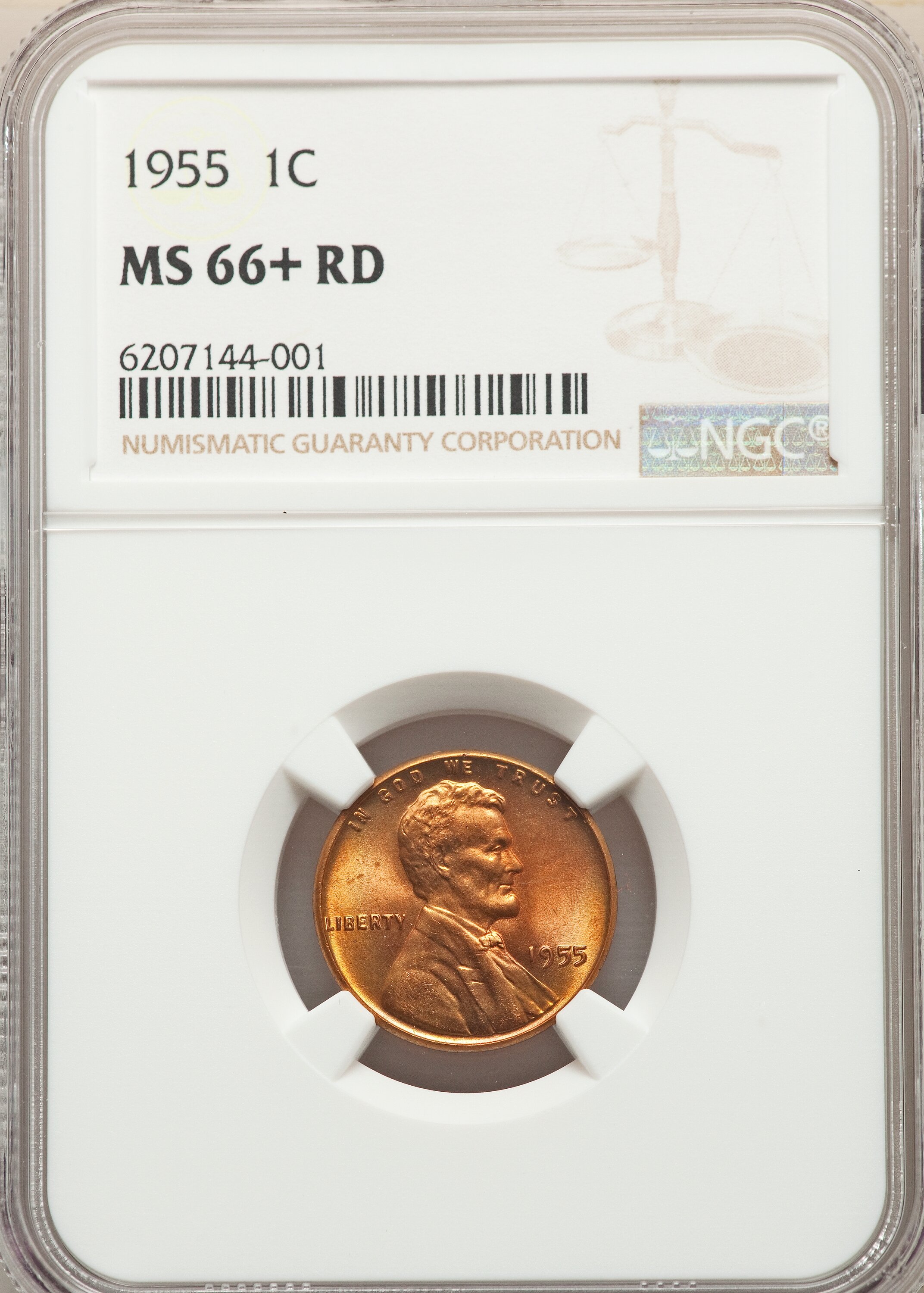 1955 1C MS66+ Red NGC. NGC Census: (2642/91). PCGS Population: (1572/52). CDN: $30 Whsle. Bid for NGC/PCGS MS66. Mintage 33...