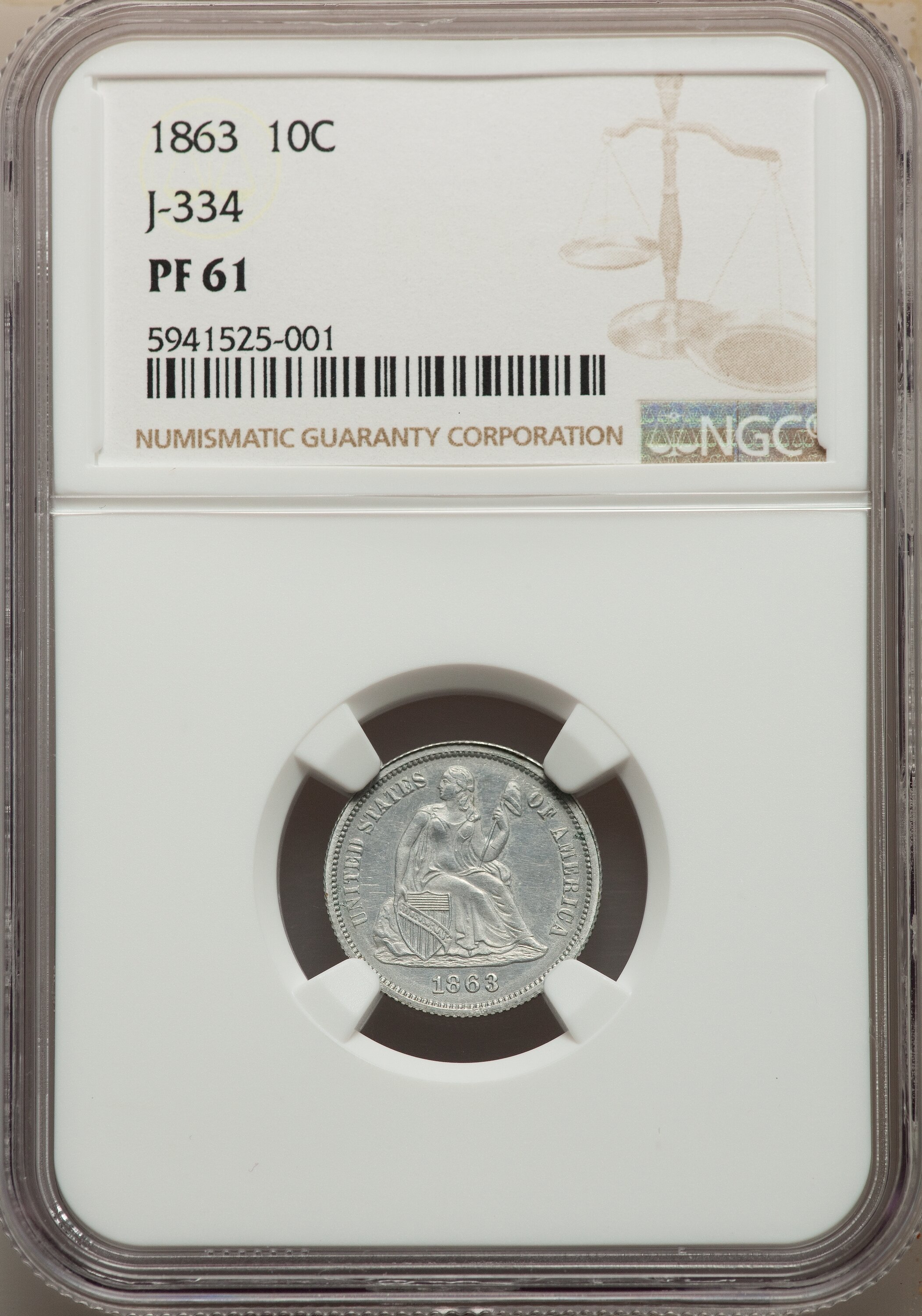 image for: 1863 10C Ten Cents, Judd-334, Pollock-406, High R.7, PR61 NGC....