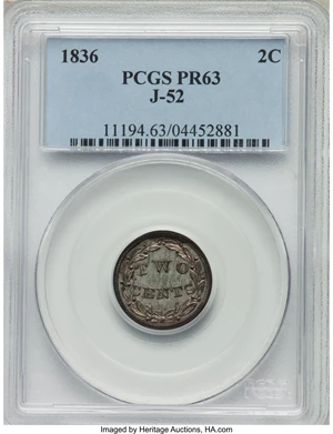 image for: 1836 P2C Two Cents, Judd-52, Pollock-55, Low R.6, PR63 PCGS....