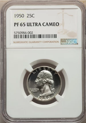 image for: 1950 25C PR65 Ultra Cameo NGC. NGC Census: (3/7). PCGS Population: (2/7). PR65. ...