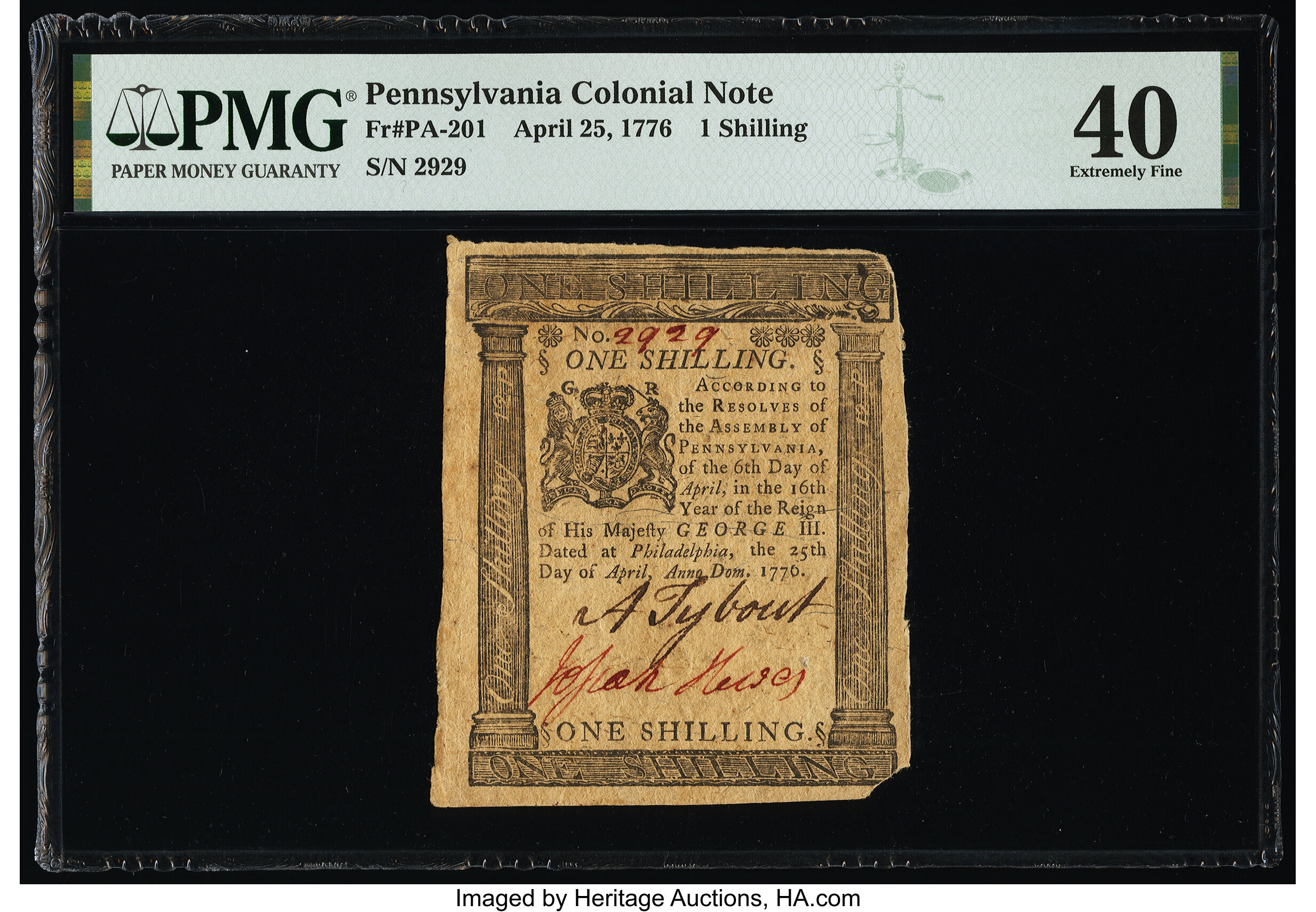 image for: Pennsylvania April 25, 1776 1s PMG Extremely Fine 40....