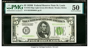 image for: Fr. 1952-H $5 1928B Light Green Seal Federal Reserve Note. PMG About Uncirculated 50....
