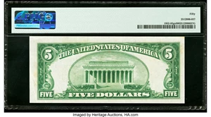 image for: Fr. 1952-H $5 1928B Light Green Seal Federal Reserve Note. PMG About Uncirculated 50....