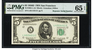 image for: Repeater Serial Number 43114311 Fr. 1965-L $5 1950D Federal Reserve Note. PMG Gem Uncirculated 65 EPQ....