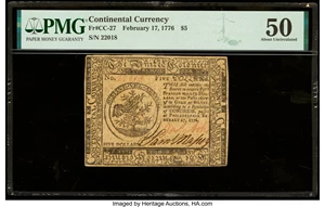 image for: Continental Currency February 17, 1776 $5 PMG About Uncirculated 50....