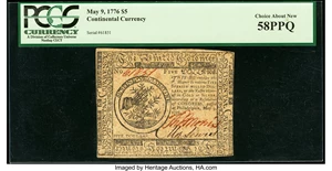 image for: Continental Currency May 9, 1776 $5 PCGS Choice About New 58PPQ....