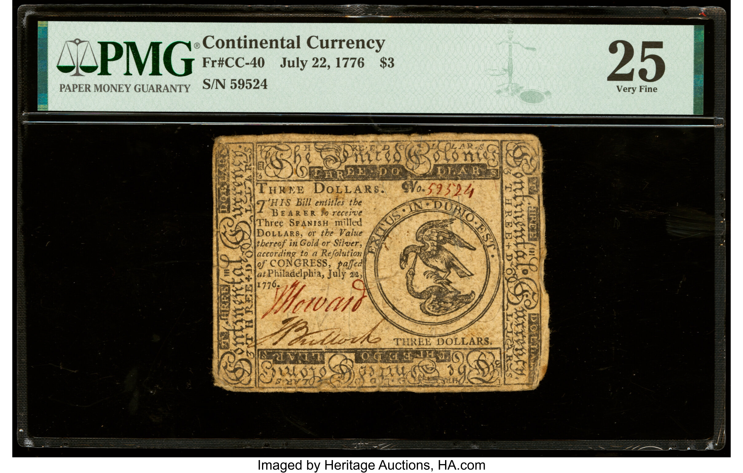 image for: Continental Currency July 22, 1776 $3 PMG Very Fine 25....