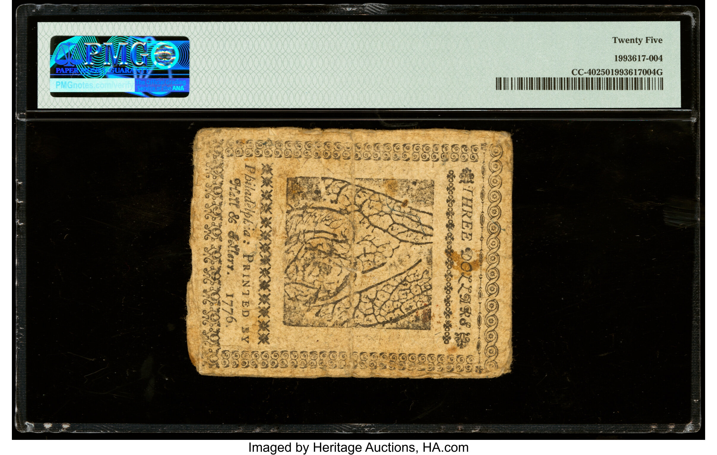 image for: Continental Currency July 22, 1776 $3 PMG Very Fine 25....