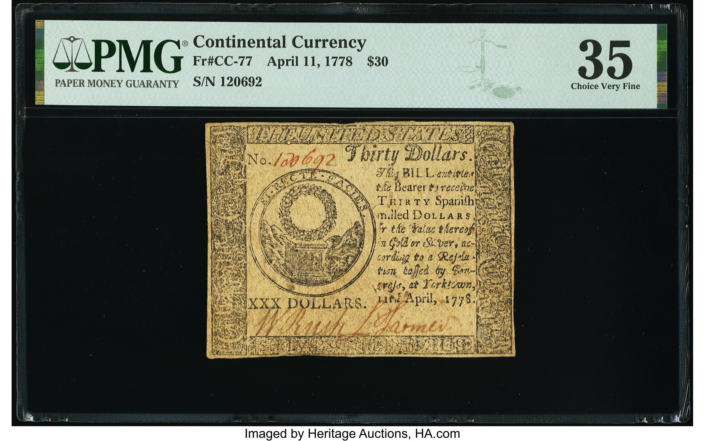 image for: Continental Currency April 11, 1778 $30 PMG Choice Very Fine 35....