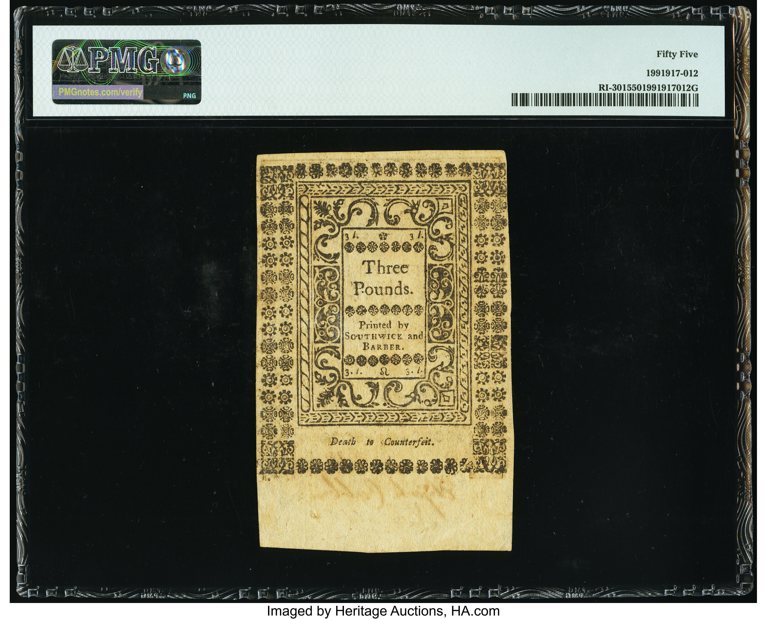 image for: Rhode Island May 1786 £3 PMG About Uncirculated 55....